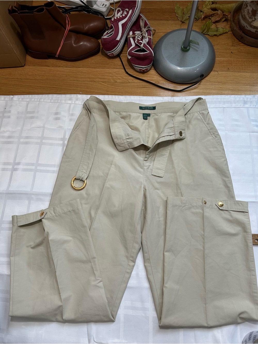Ralph Lauren Cream Utility Cargo Trousers with Gold Hardware